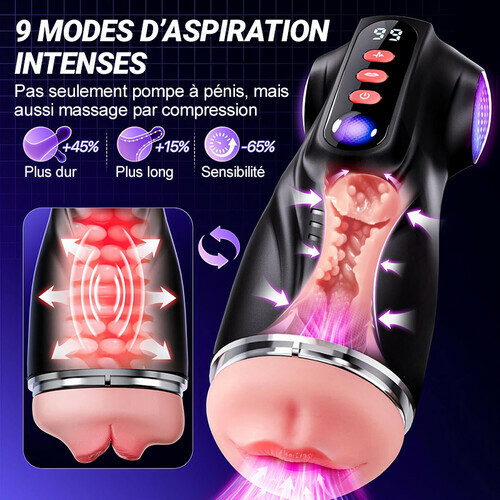 Daphne - Pompe à Penis avec 3 Manches Interchangeables, Chatte de Poche, 9 Modes de Succion & 9 Mod