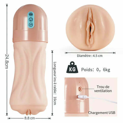 Masturbateur électrique avec une entrée réaliste, 10 vibrations et 5 succions